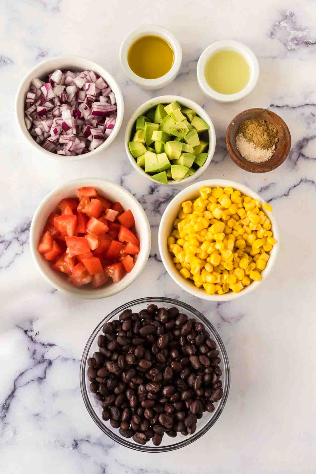 portioned ingredients of texas caviar recipe