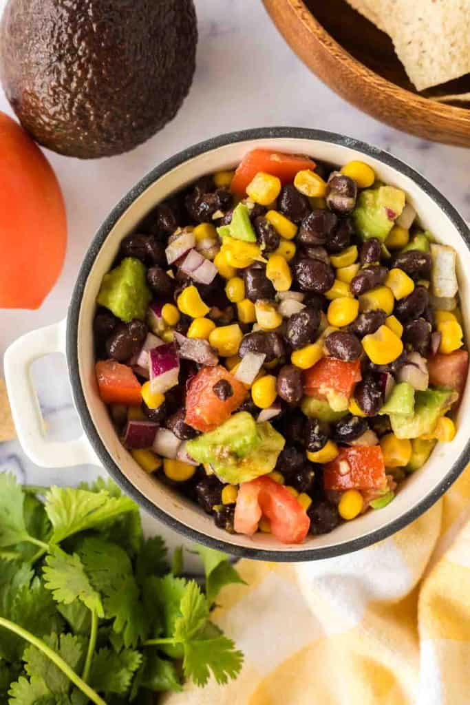 top view of a white dish of texas caviar recipe