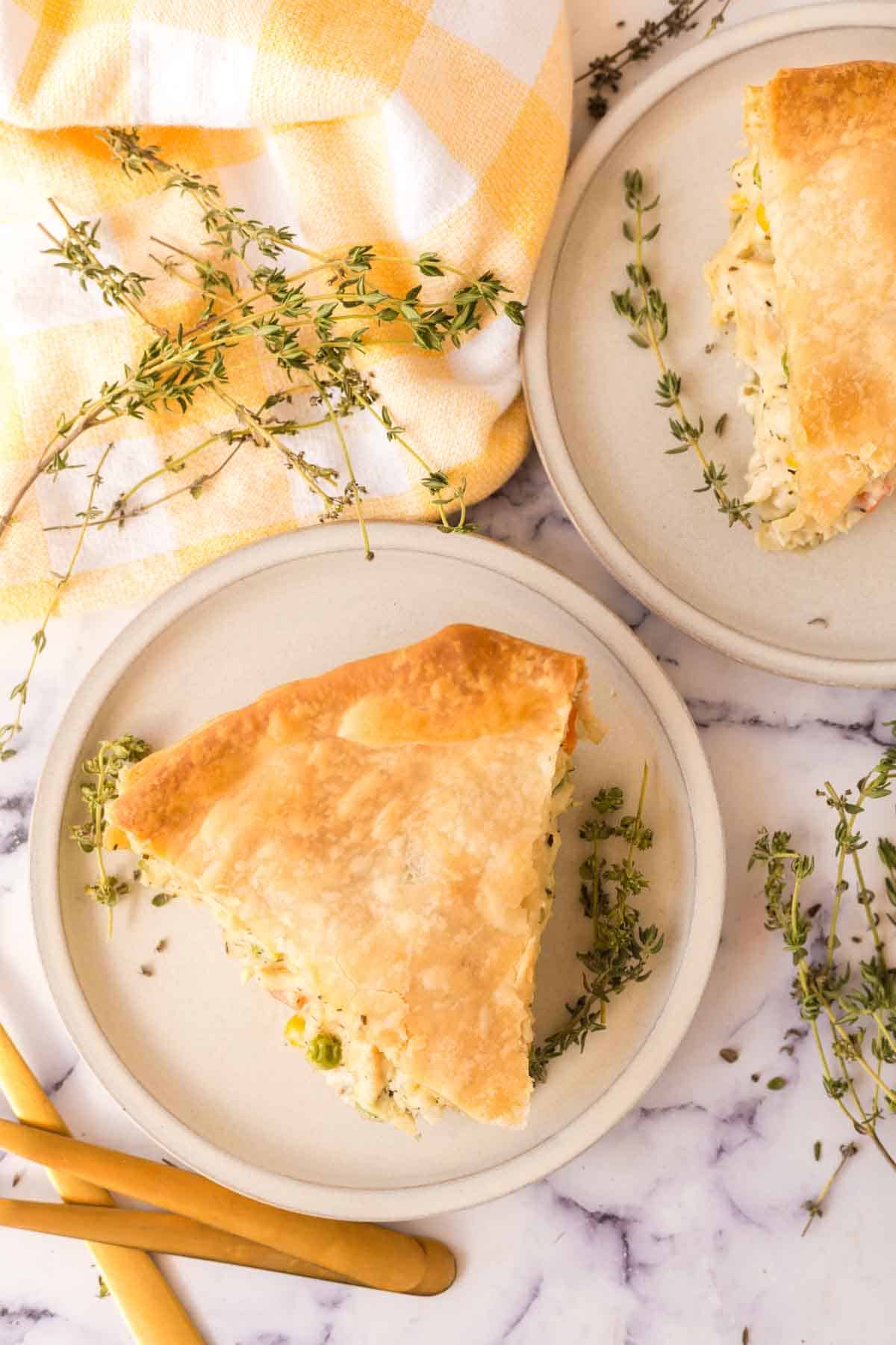 Top view of a slice of turkey pot pie.