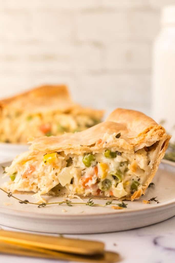 A slice of homemade turkey pot pie.