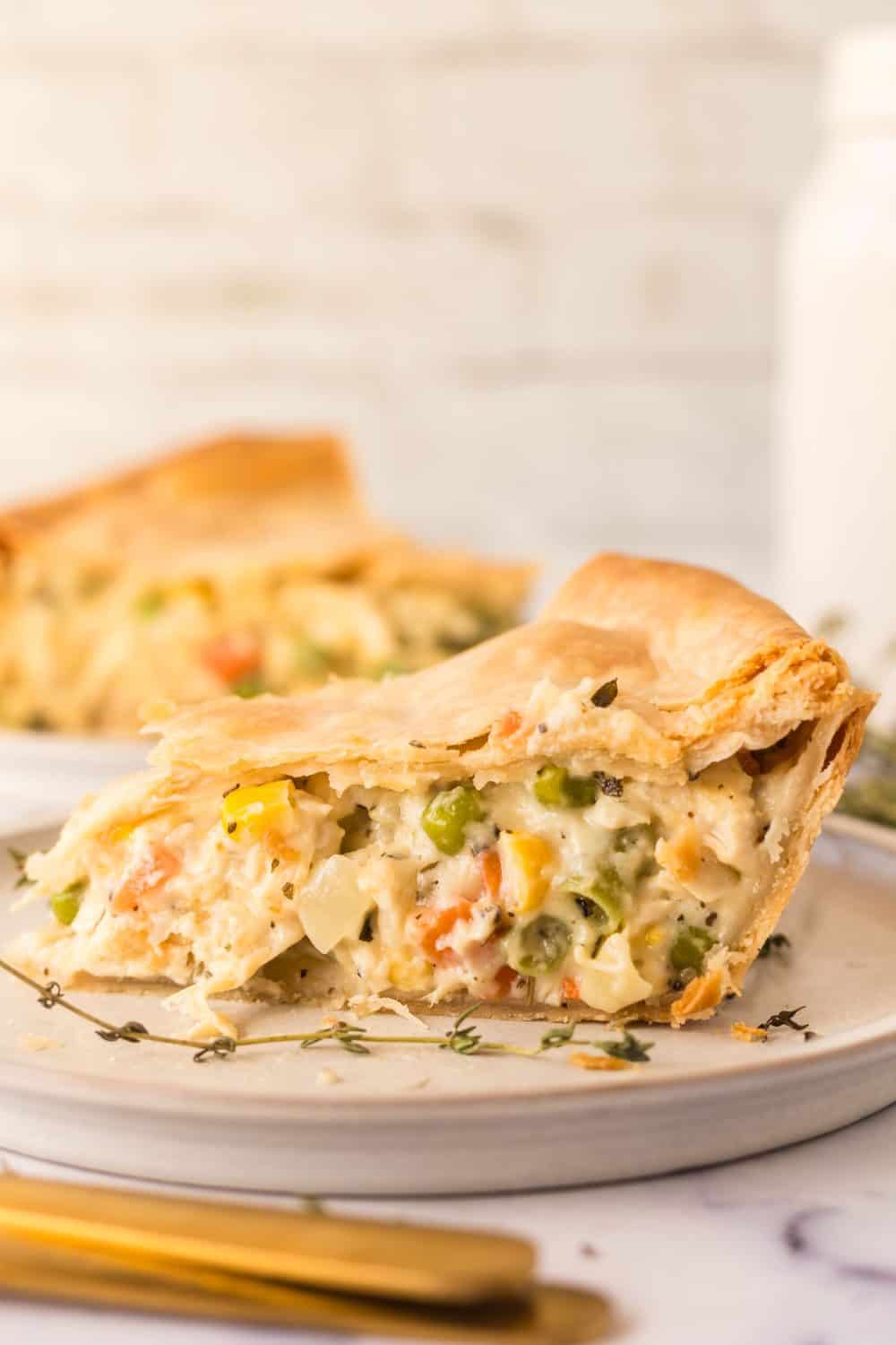 A slice of homemade turkey pot pie.