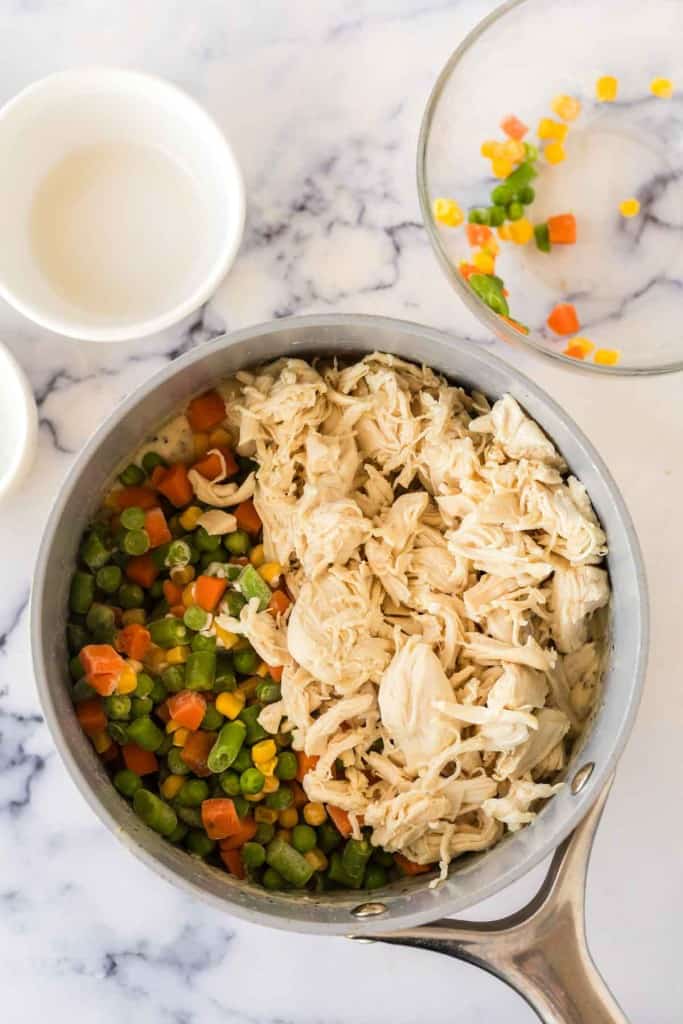 Turkey and vegetables added to the pot. 
