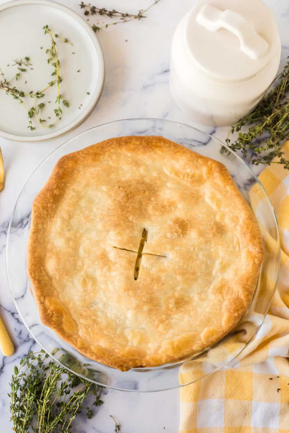 Finished turkey pot pie with a delicious golden brown crust.