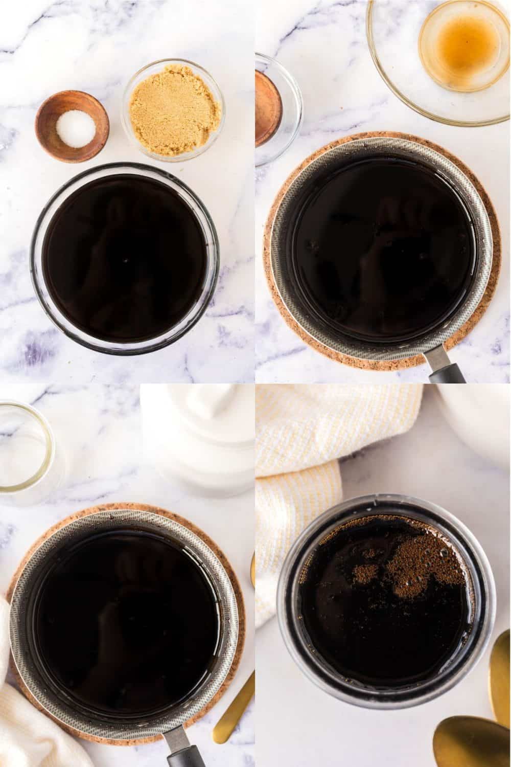 four image collage with steps on the process to make balsamic glaze