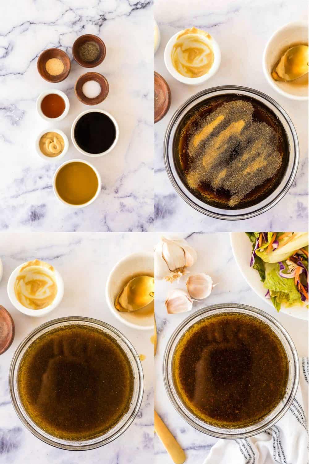 four image collage with steps on the process to make balsamic vinaigrette.