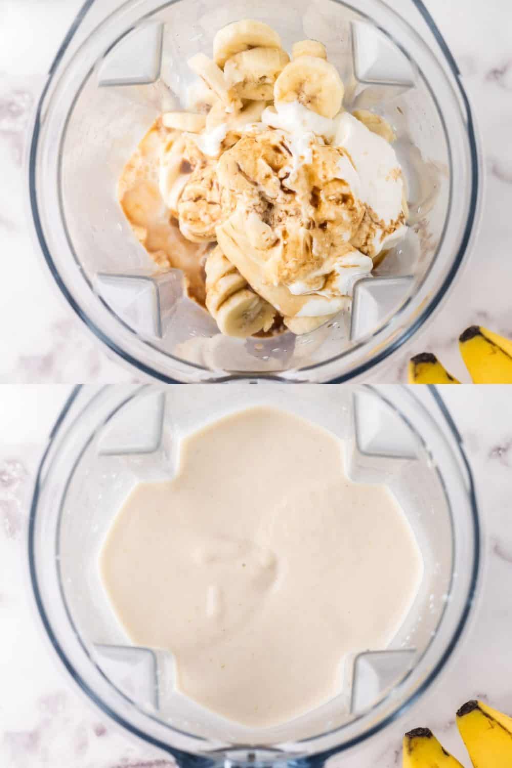 Blending the ingredients for banana smoothie.