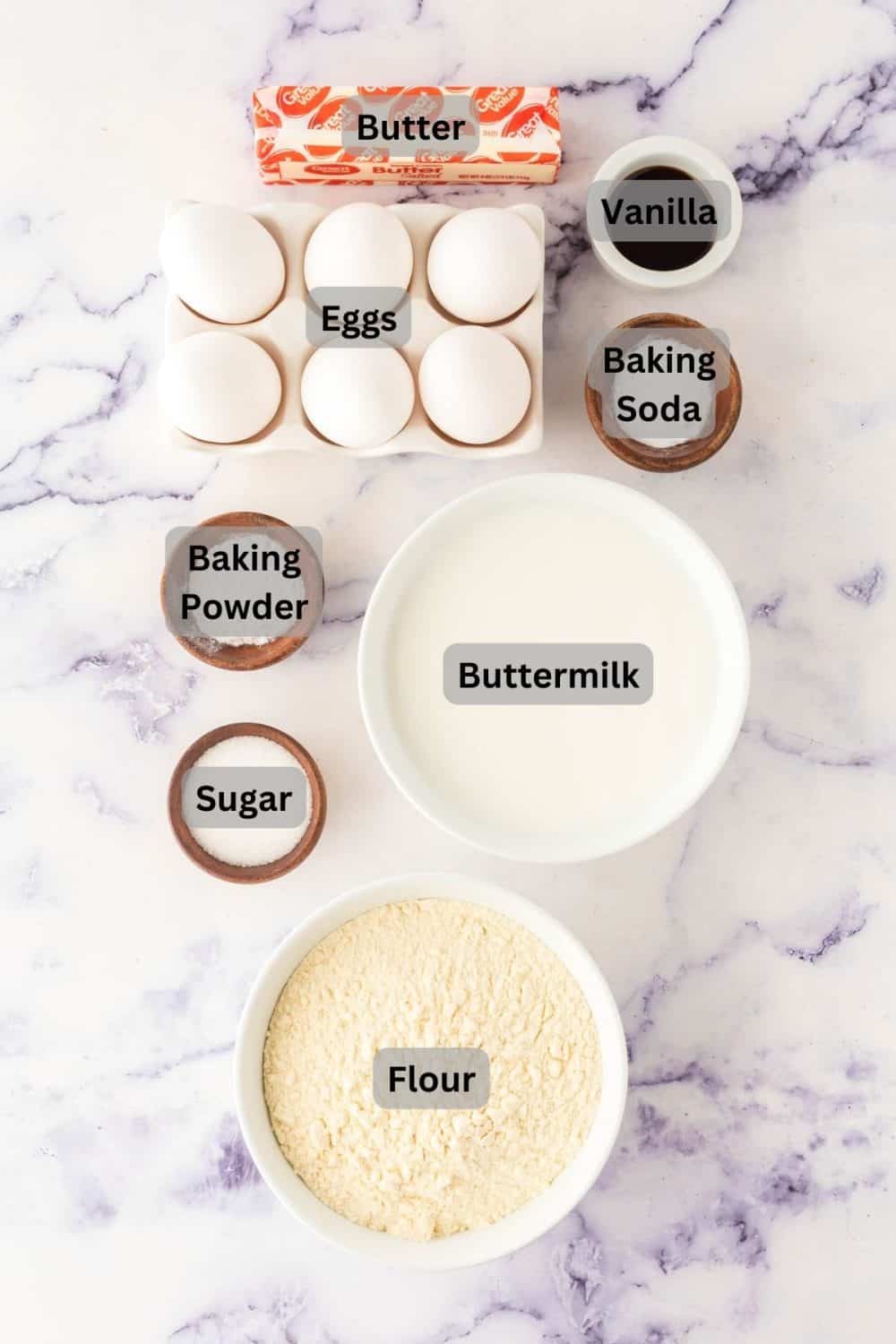 small portion dishes labeled with the raw ingredients to make buttermilk waffles