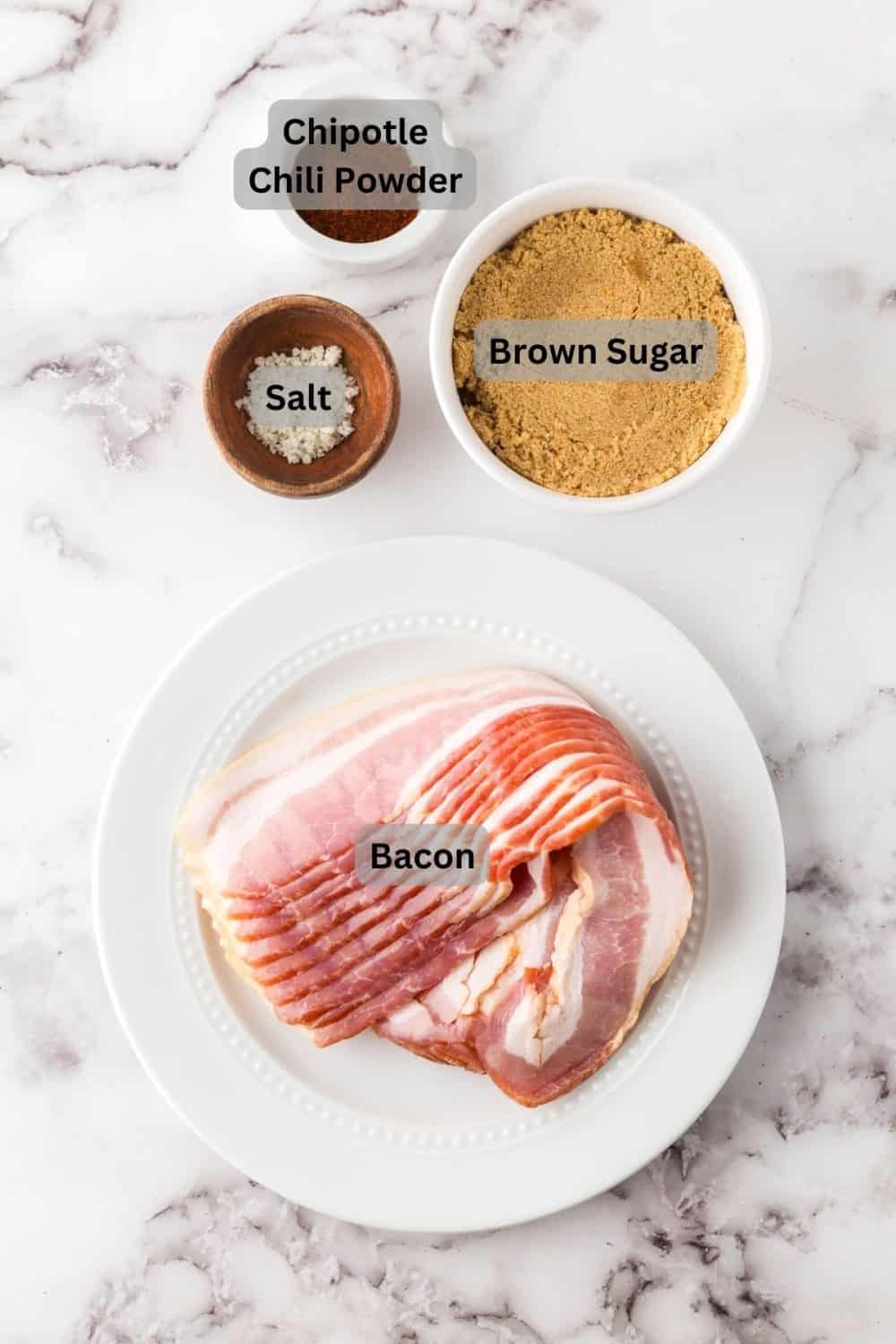 small portion dishes labeled with the raw ingredients to make candied bacon