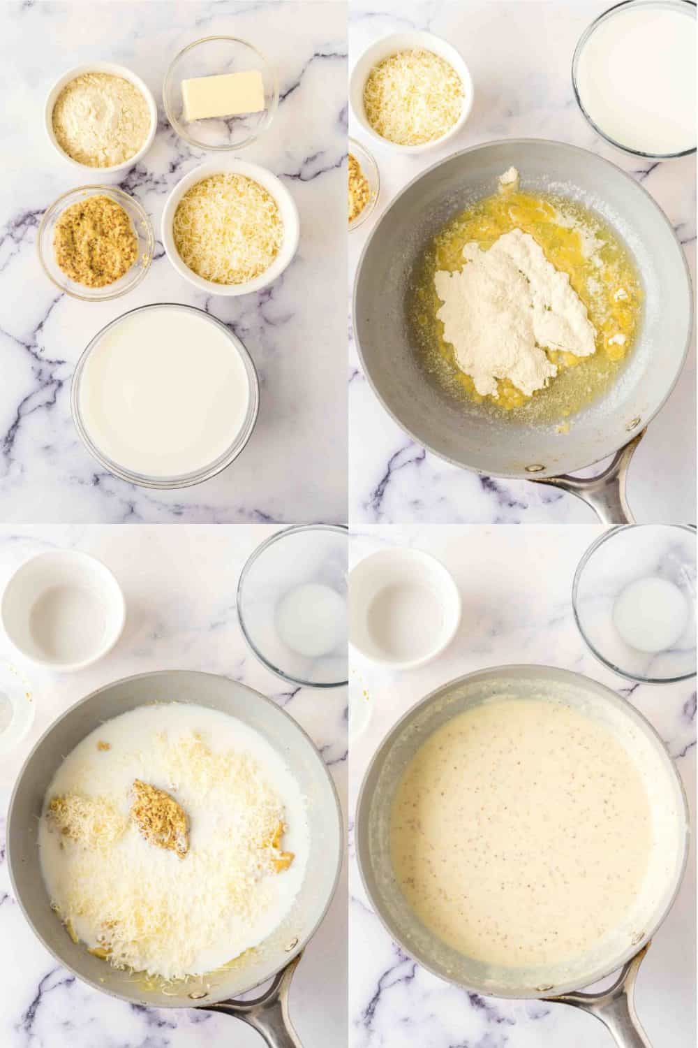 four image collage with steps to make chicken cordon bleu sauce in process