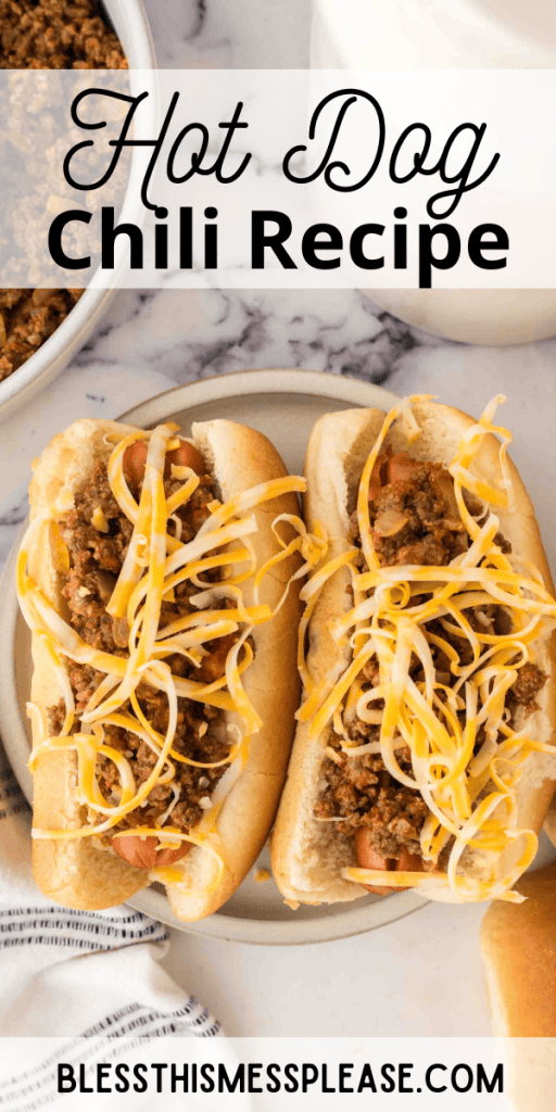 Pinterest post with text that reads hot dog chili recipe.