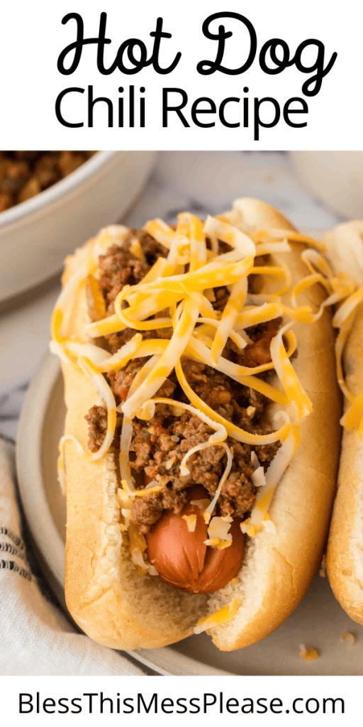 Pinterest post with text that reads hot dog chili recipe.