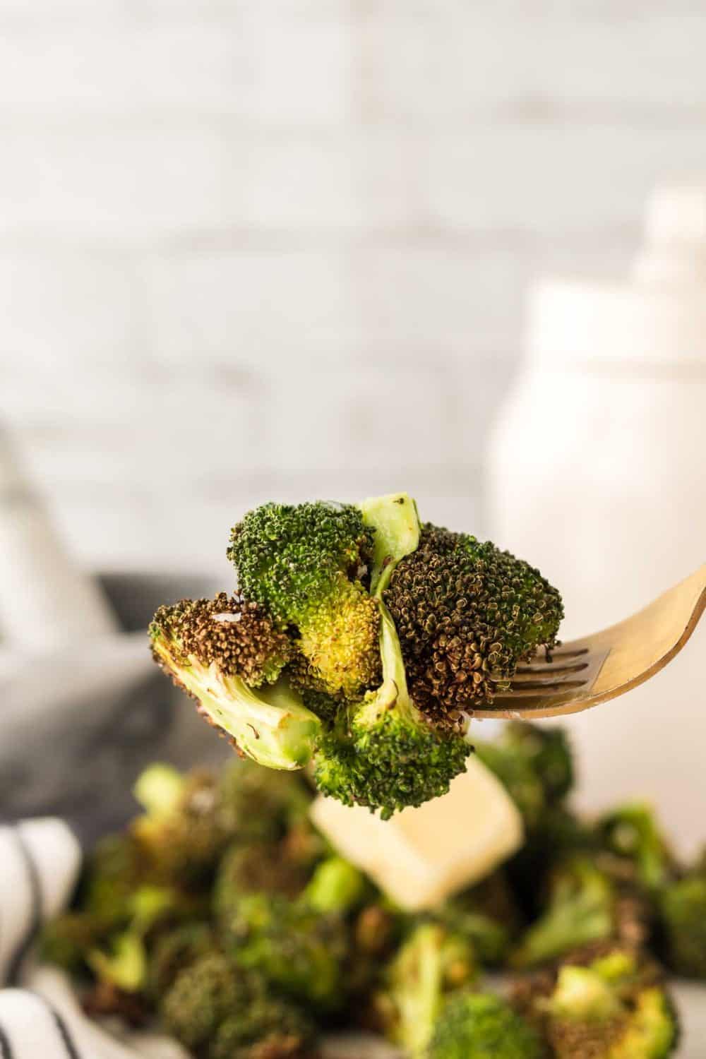 POV forkful of a bite of air fryer broccoli