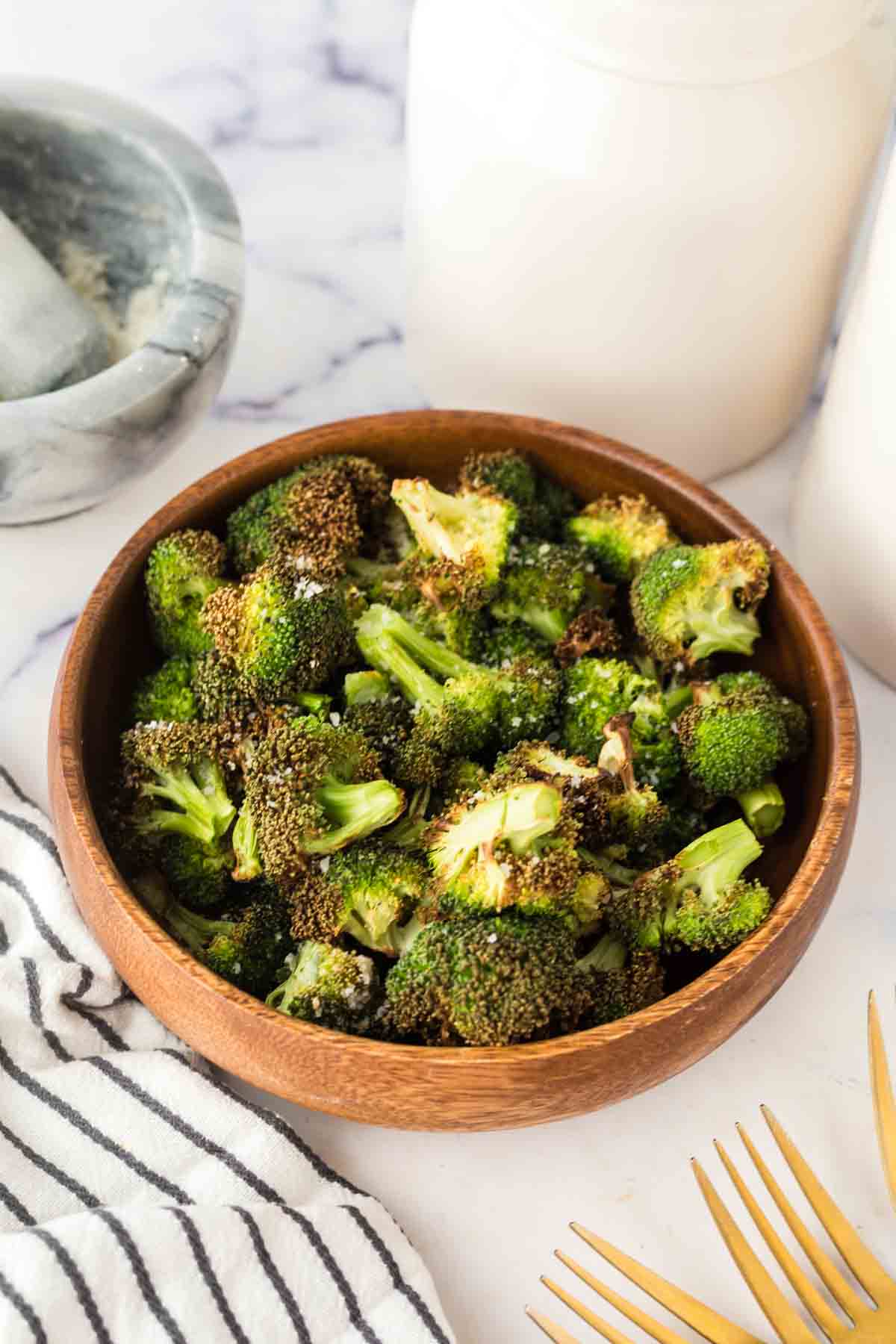 wooden bowl of air fryer broccoli