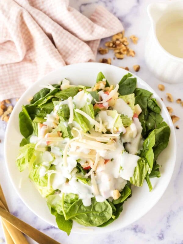 white dish with apple salad served with cheese and creamy dressing