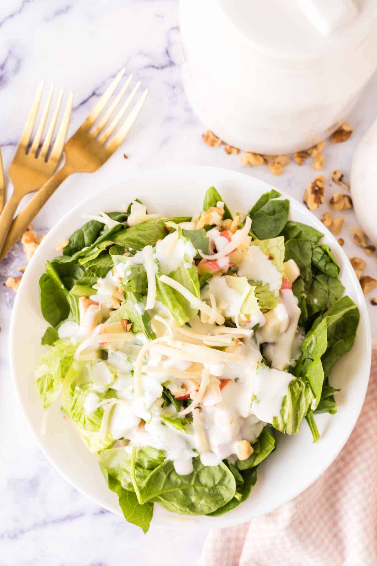 white dish with apple salad served with cheese and creamy dressing