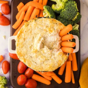 top view of carrots in a small bowl of artichoke dip recipe surrounded by other dip vegetables