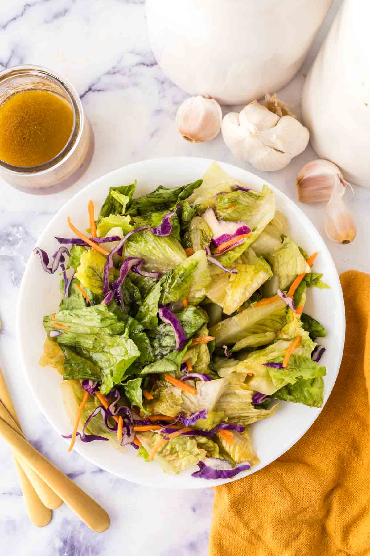 asian salad dressing over a salad top view