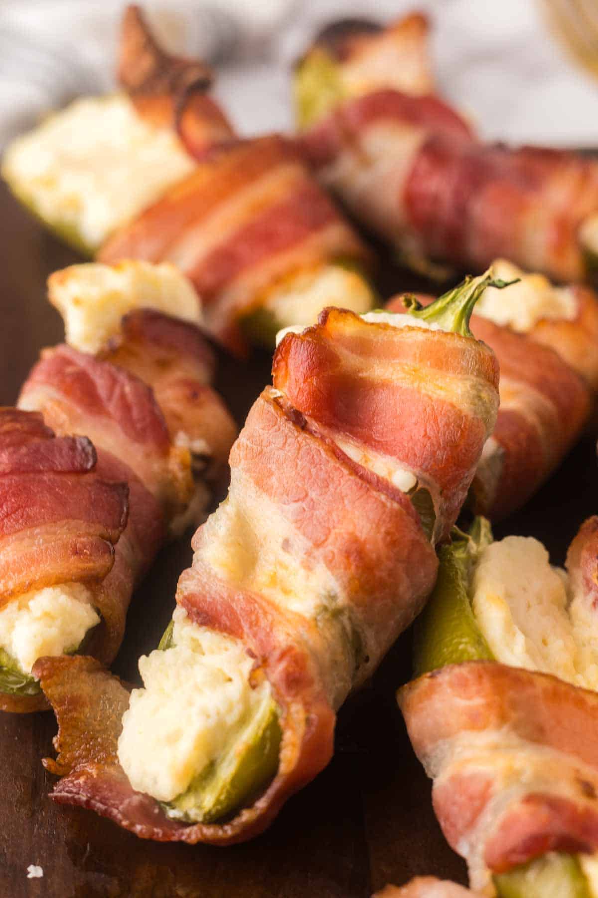 close up of bacon wrapped jalapeno poppers
