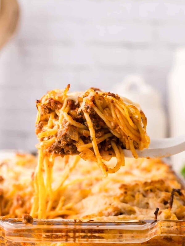 close up bite of baked spaghetti