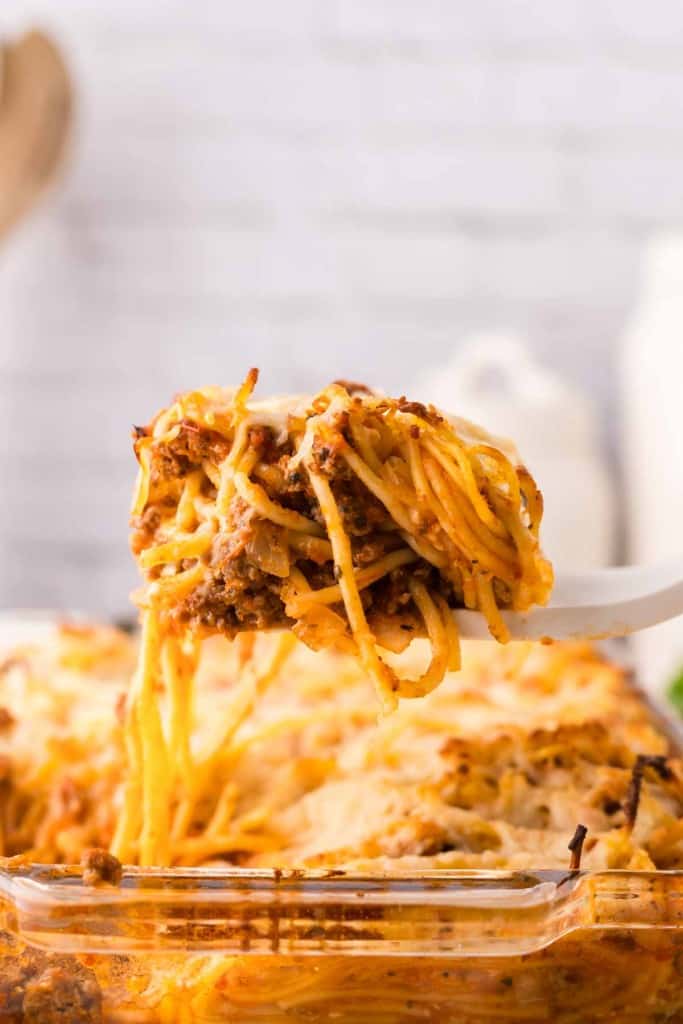 close up bite of baked spaghetti