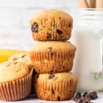 small stack of three banana chocolate chip muffins