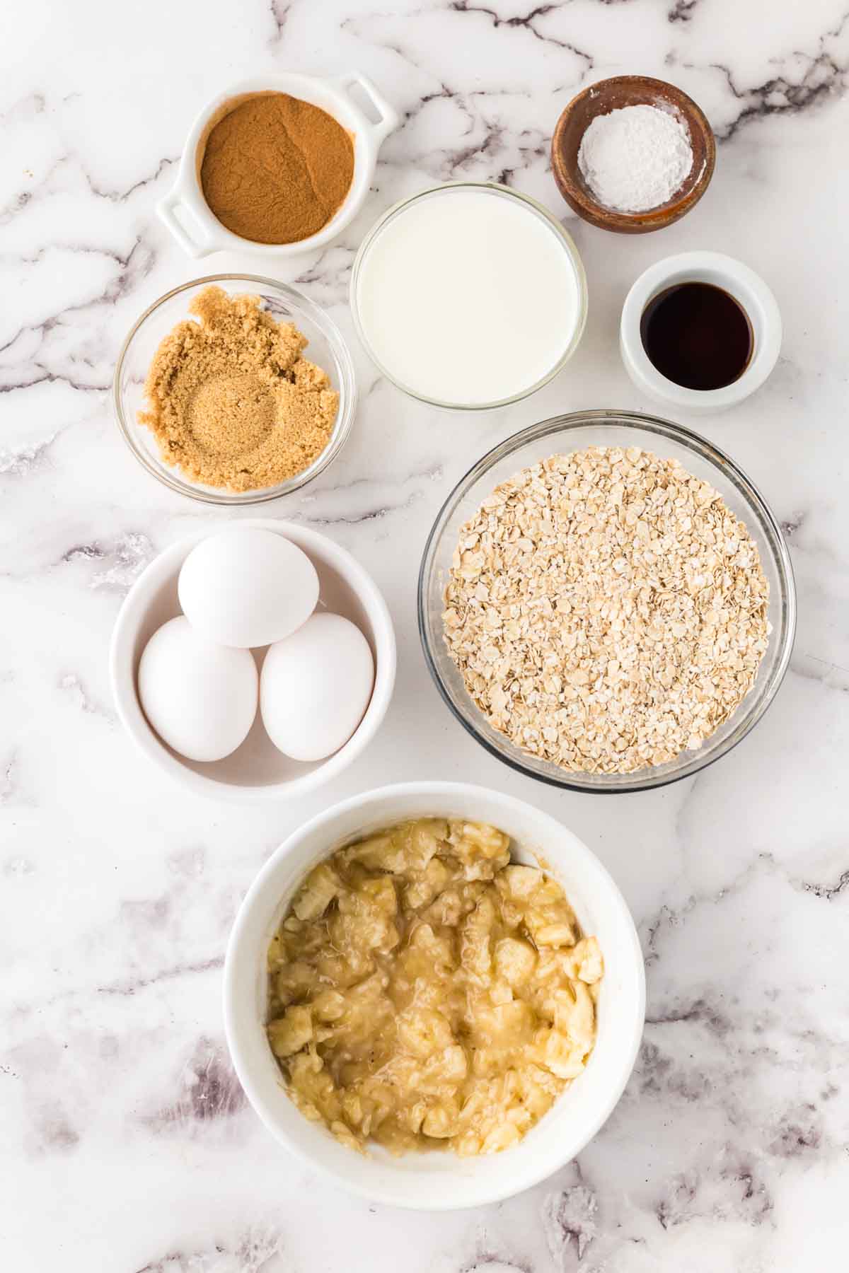 small portion dishes of banana oatmeal pancake recipe ingredients