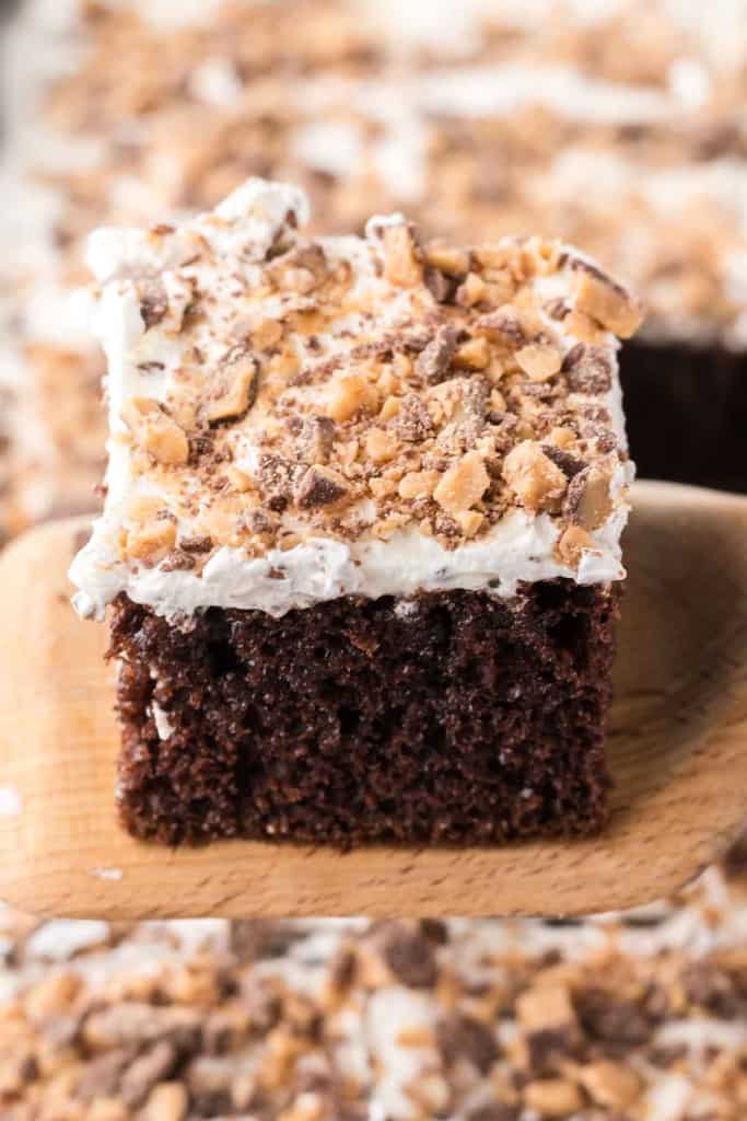 a spatula of a square serving of better than sex cake.