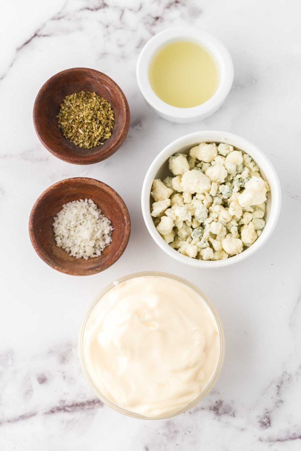 small portioned ingredients for blue cheese dressing recipe