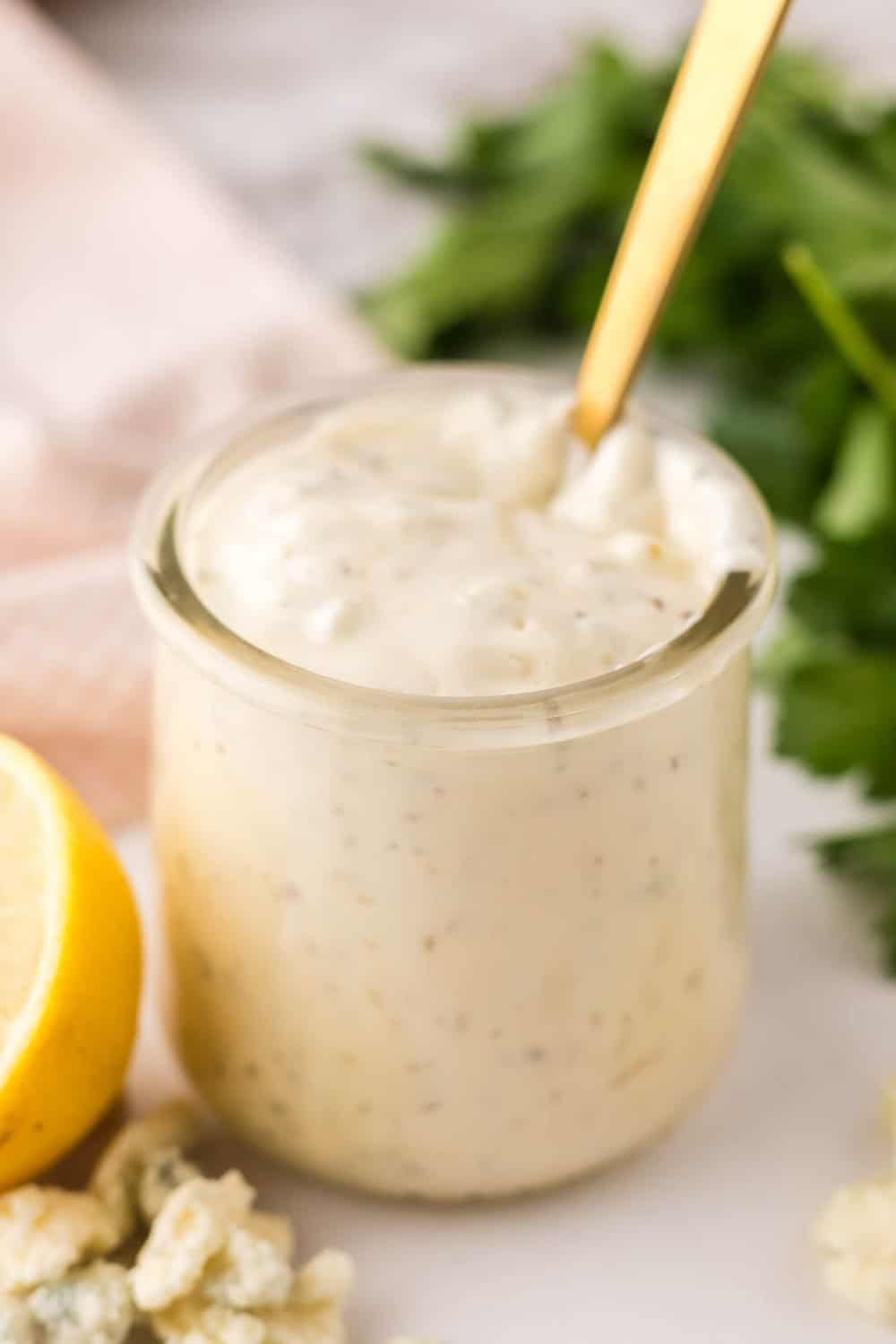 small jar of homemade blue cheese dressing