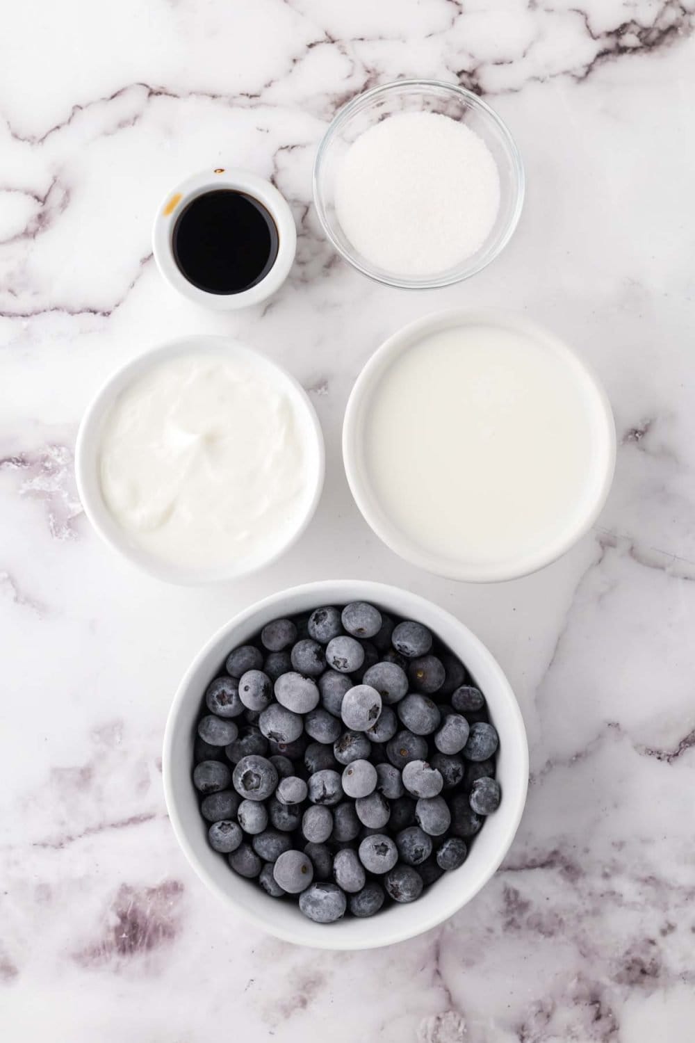 portion bowls with ingredients for a blueberry smoothie
