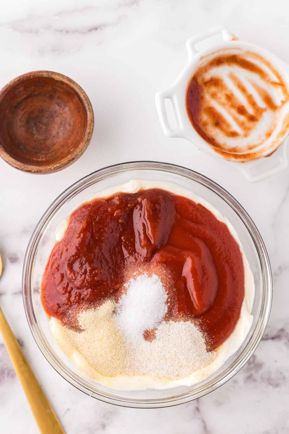 clear mixing bowl for boom boom sauce recipe ingredients