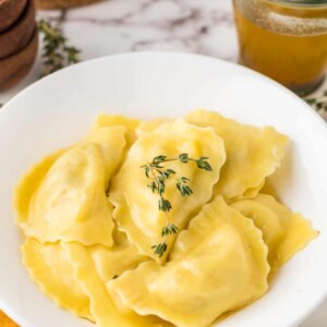 round white plate with homemade ravioli