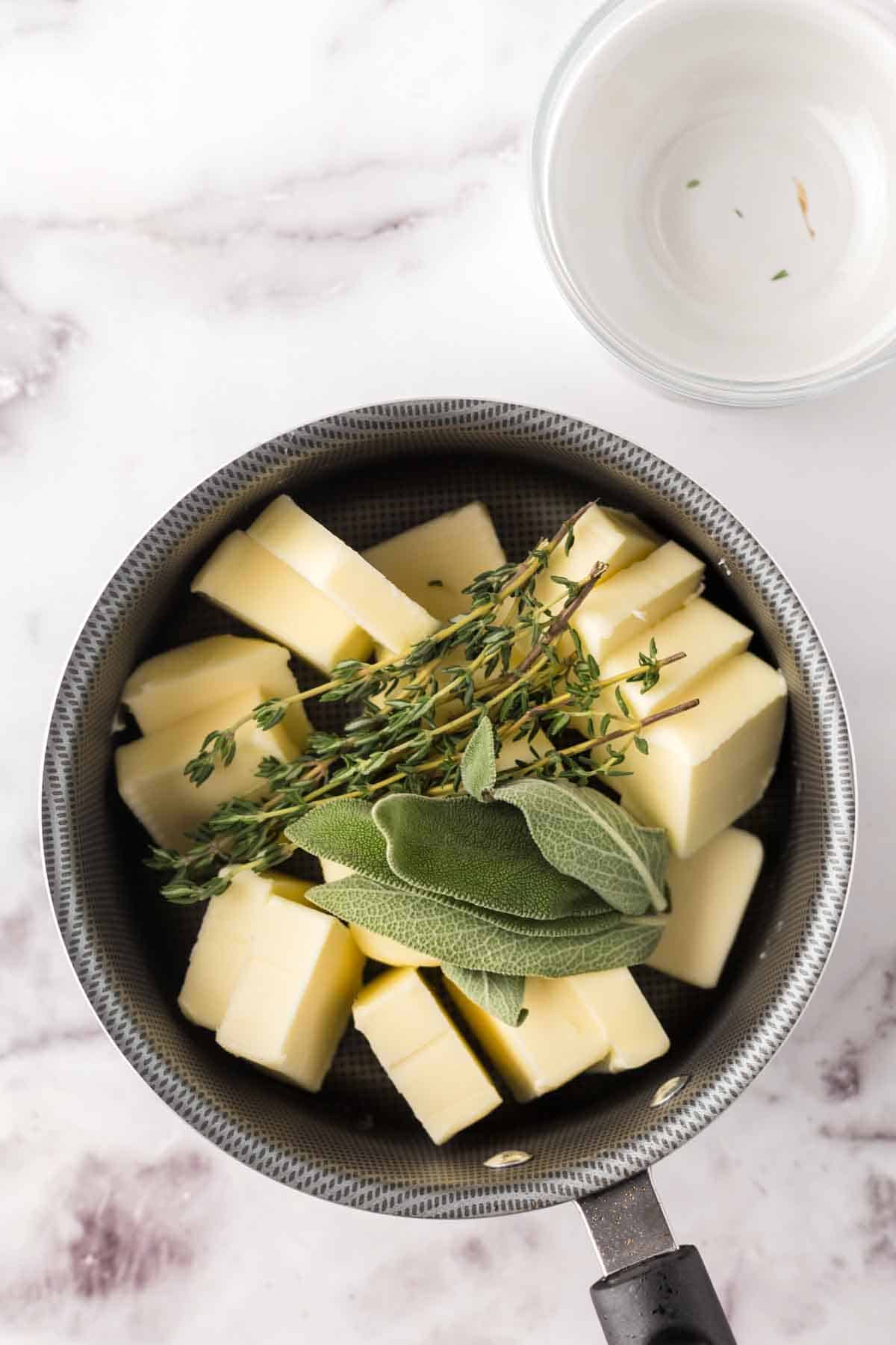 pot with brown butter sauce ingredients