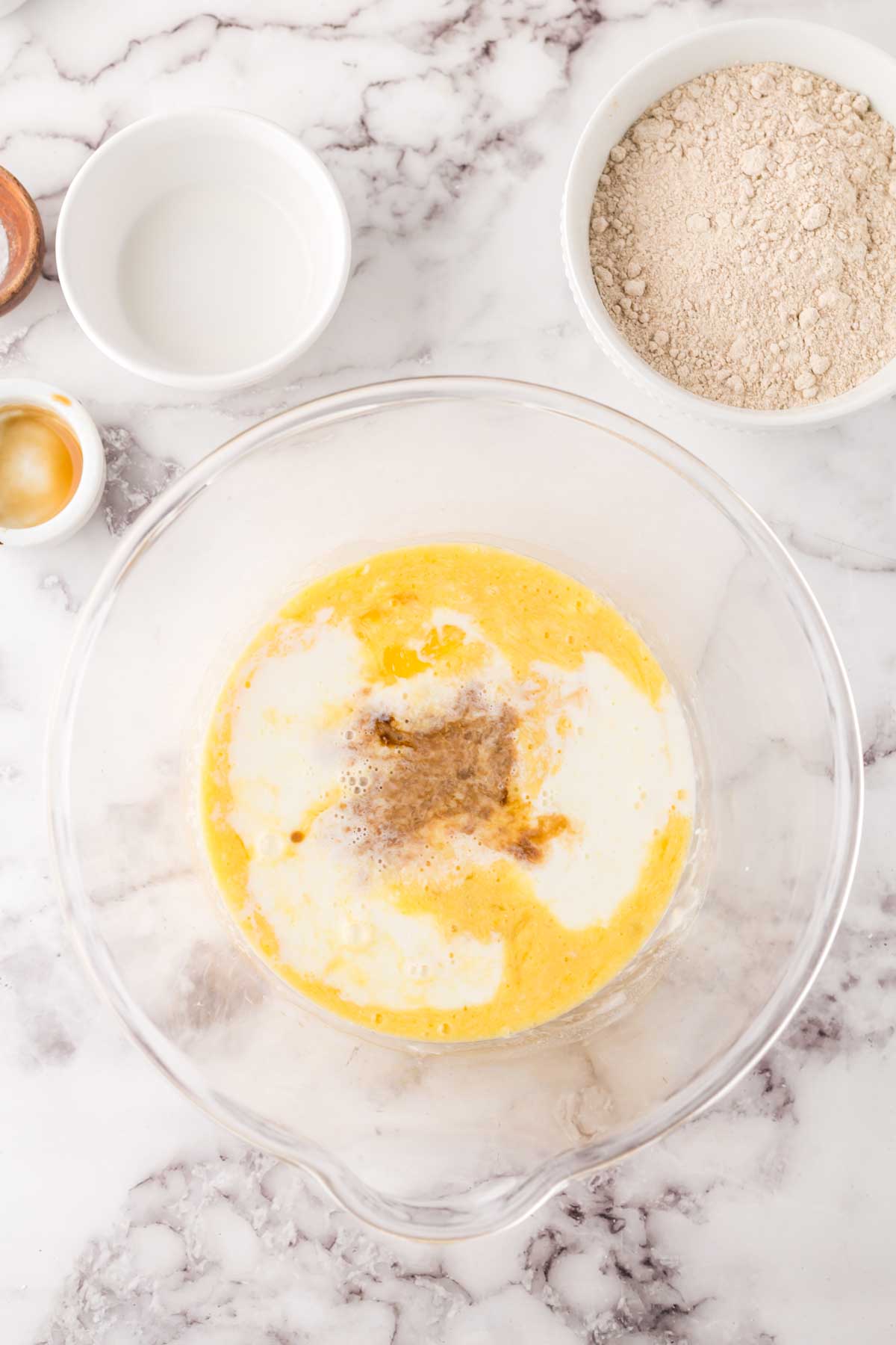 clear mixing bowl for buckwheat pancake ingredients and dough