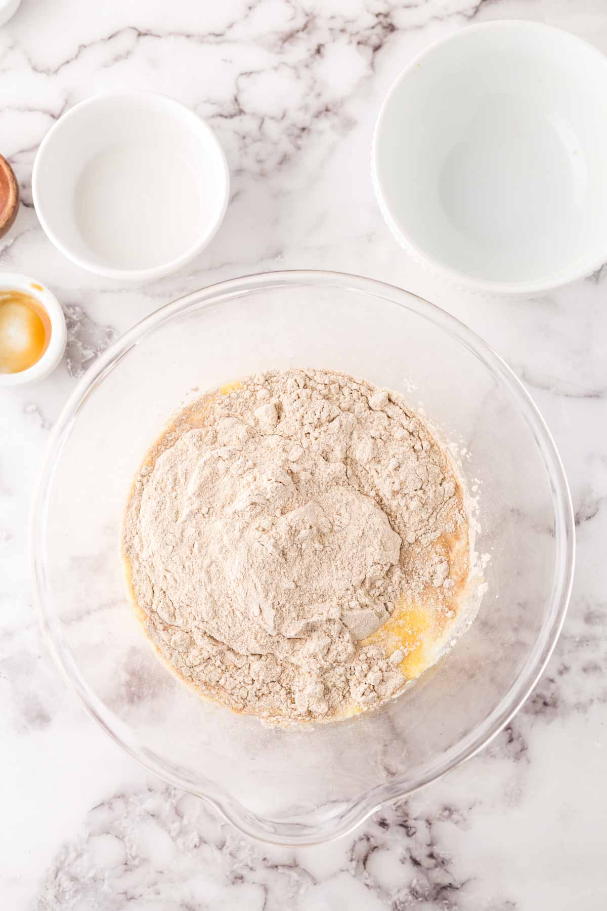 clear mixing bowl for buckwheat pancake ingredients and dough