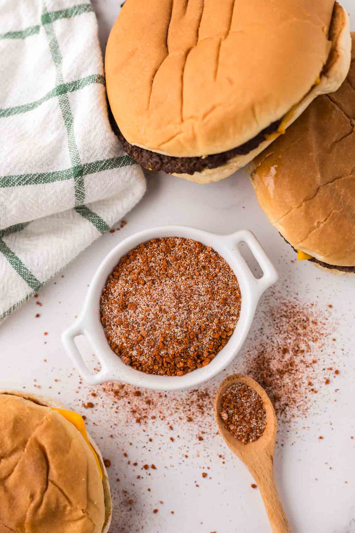 white serving dish with pre-mixed burger seasonings