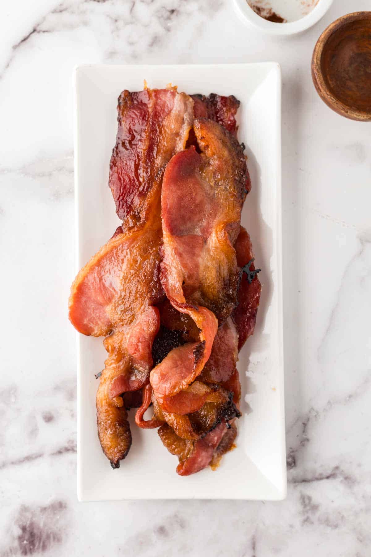 rectangle dish with candied bacon