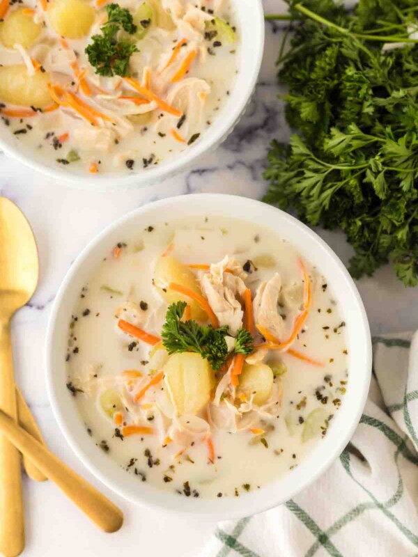 small serving bowl of chicken gnocchi soup