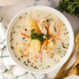 small serving bowl of chicken gnocchi soup