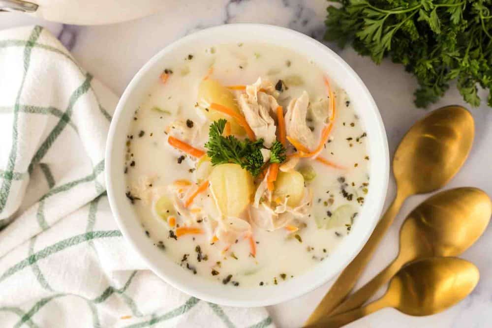 small serving bowl of chicken gnocchi soup
