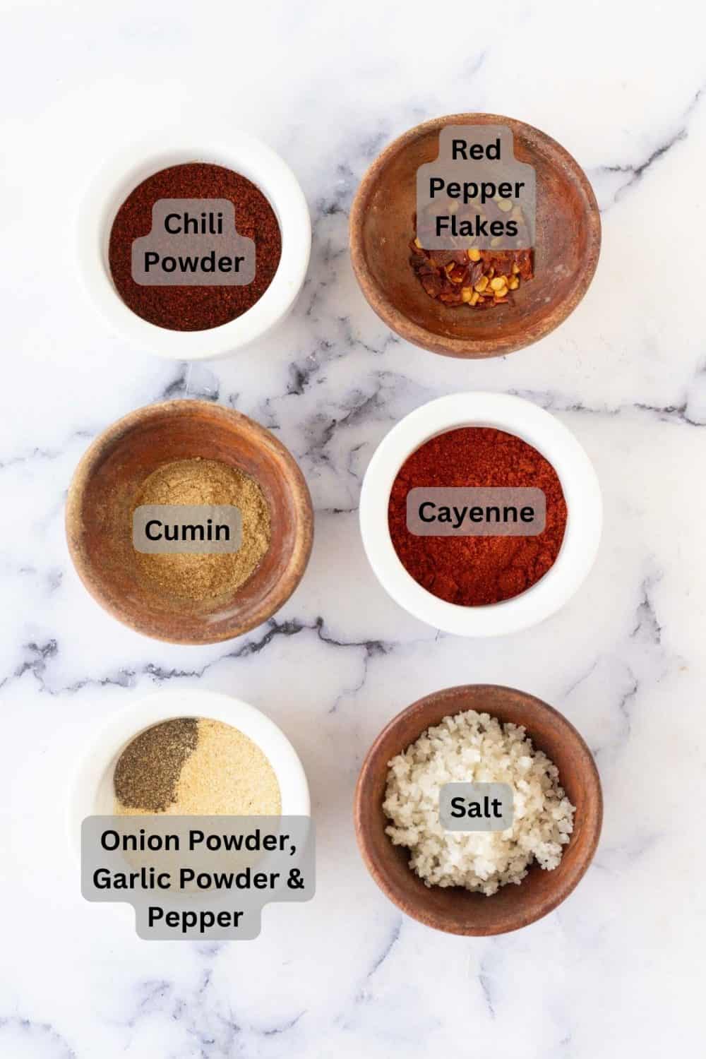 top view of digitally labeled portion dishes of raw ingredients for the adobo seasoning recipe