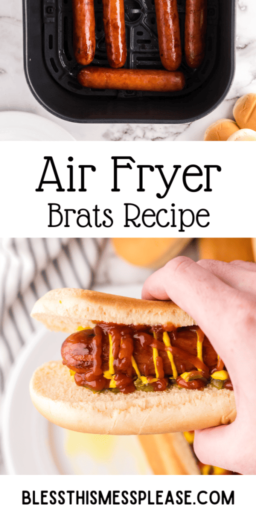 Pinterest Image that matches the text which reads Air Fryer Brats Recipe