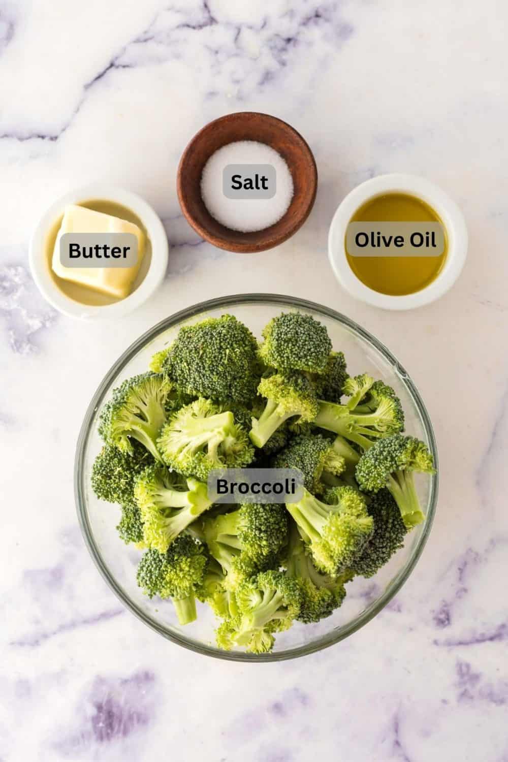 top view of digitally labeled portion dishes of raw ingredients for air fryer broccoli recipe