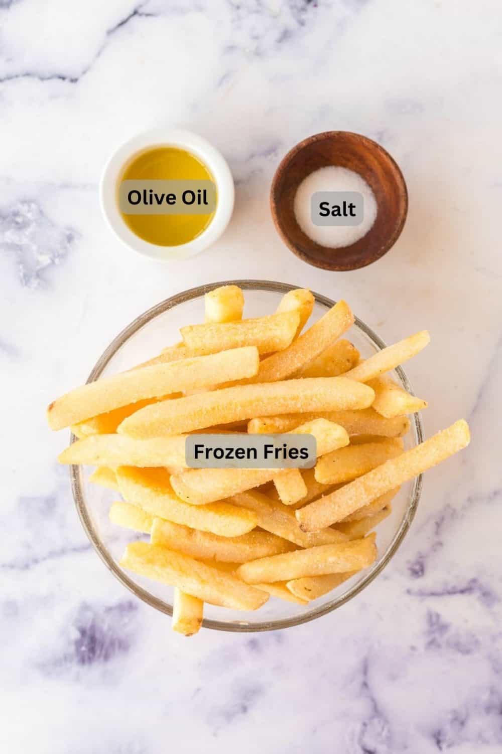 small bowls with digitally labeled ingredients including frozen french fries olive oil and salt.