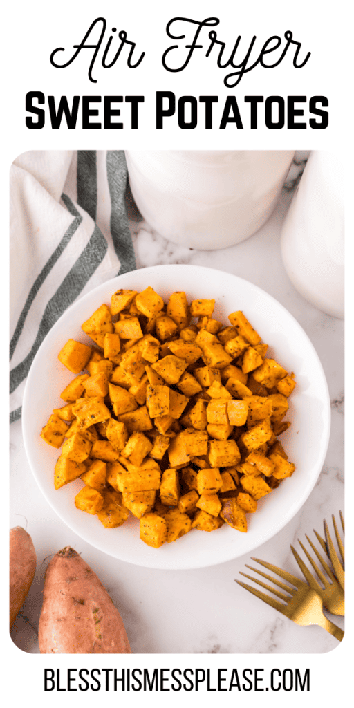 Pinterest Image that matches the text which reads Air Fryer Sweet Potatoes Recipe