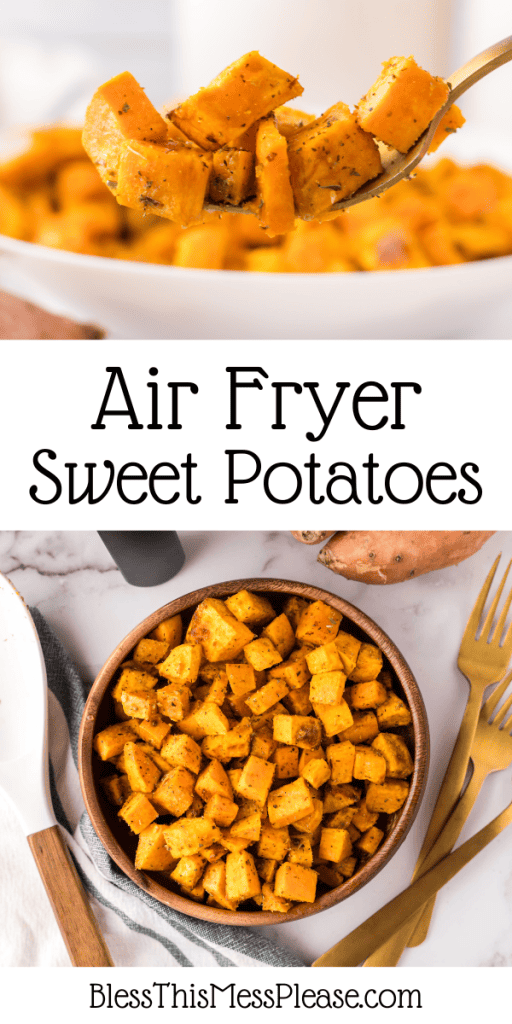 Pinterest Image that matches the text which reads Air Fryer Sweet Potatoes Recipe