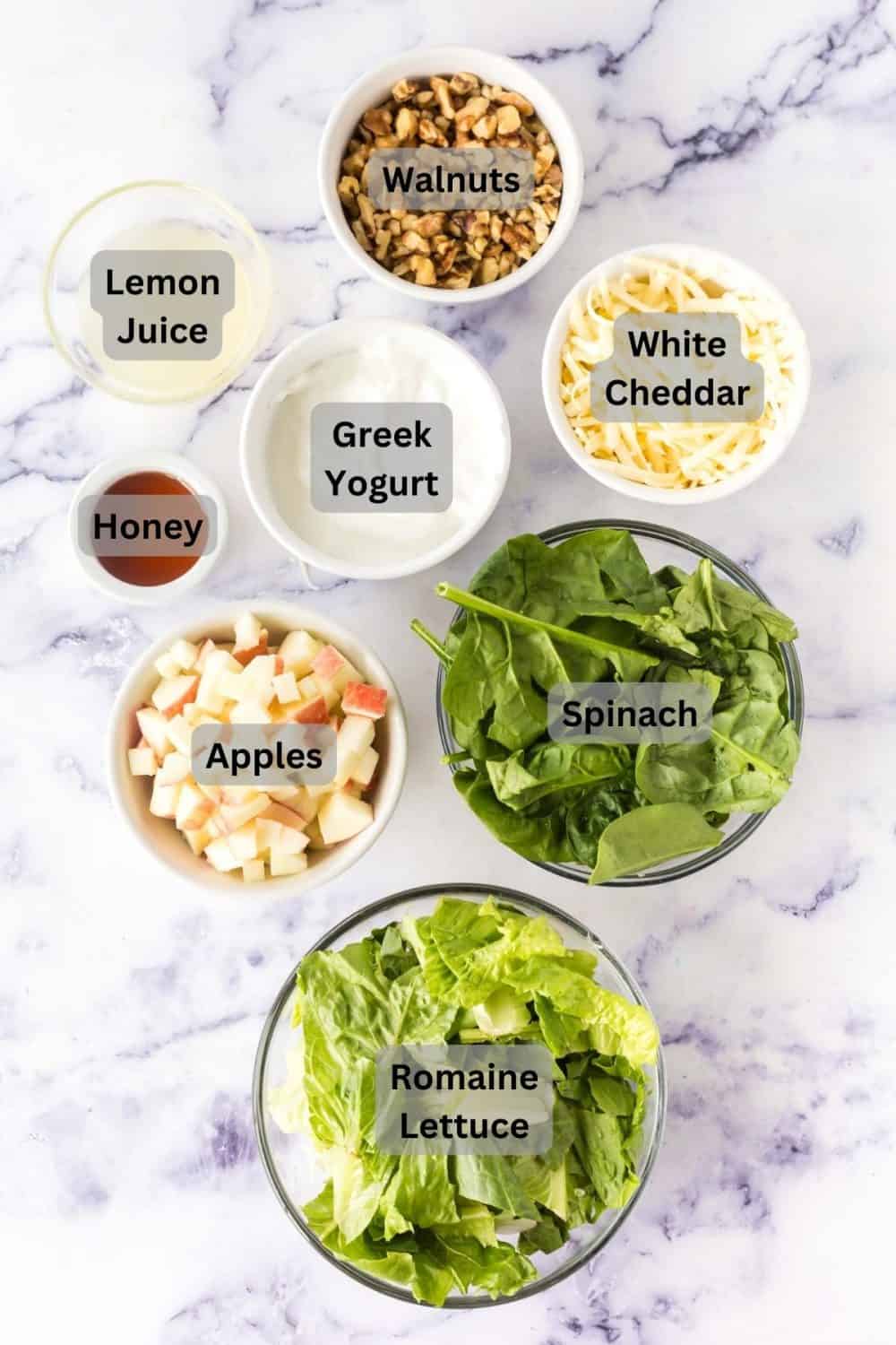 Labeled ingredients for apple salad.