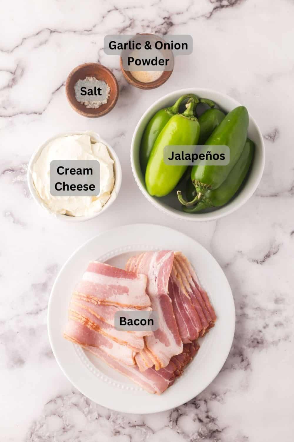 Labeled ingredients for bacon wrapped jalapeno poppers.
