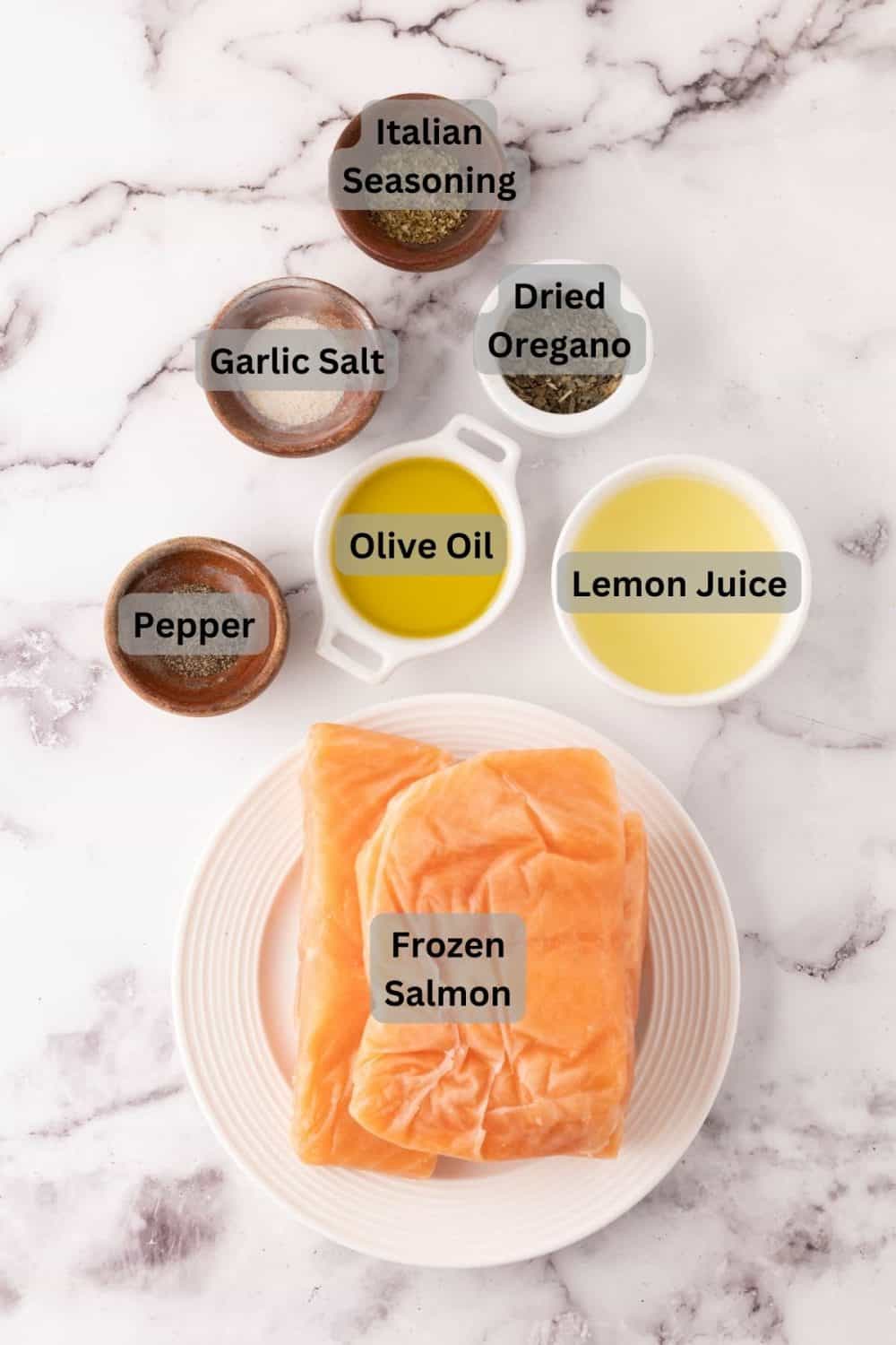 top view of digitally labeled portion dishes of raw ingredients for the baked salmon recipe