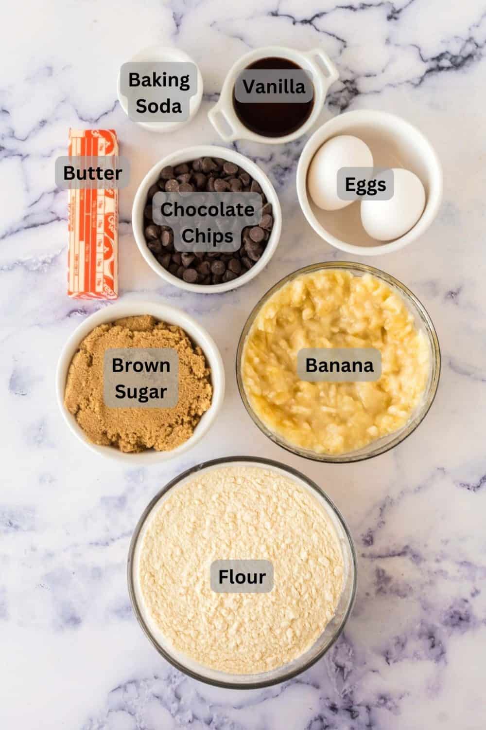 Labeled ingredients for banana chocolate chip muffins.